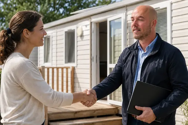 Samuel Charpillenne échange avec une cliente MobilHome17 en Charente-Maritime