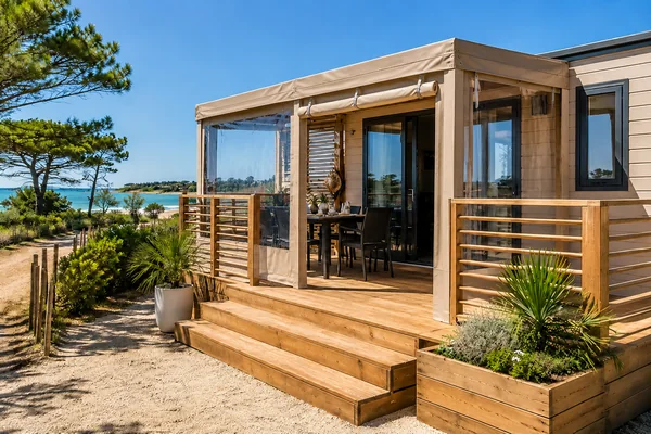 Mobil home avec terrasse illustrant les principales rubriques du site MobilHome17